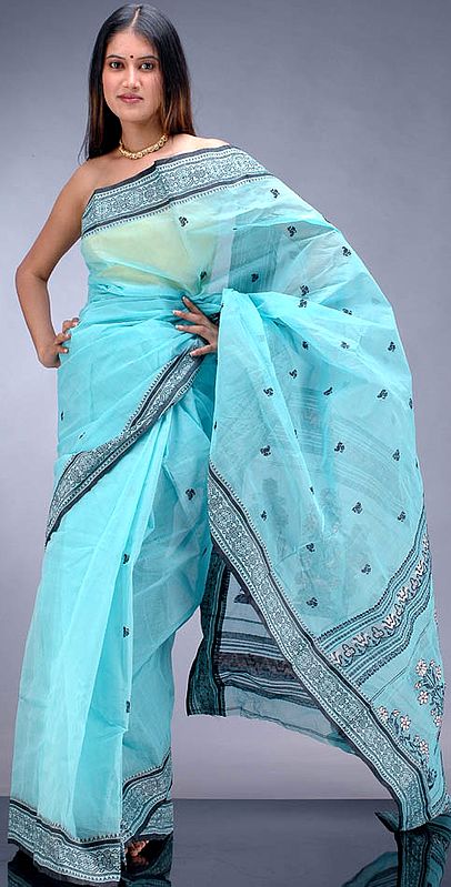 Aqua Bengal Cotton Sari with Jacquard Weave