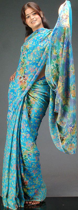 Aquamarine Crepe Sari with Floral Print