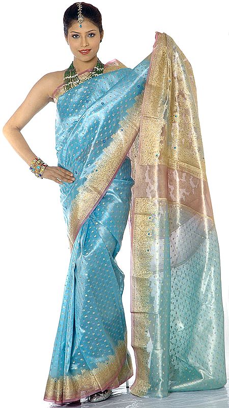 Aquamarine Tissue Banarasi Sari from Banaras with Beadwork