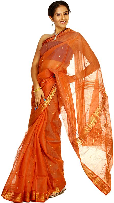Arabesque-Orange Chanderi  Sari with All-Over Woven Bootis and Golden Border