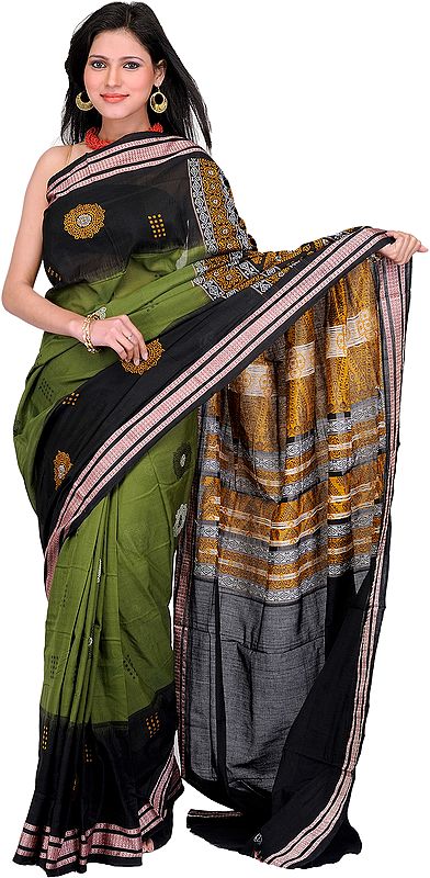 Artichoke-Green and Black Bomkai Sari from Orissa with Woven Chakras