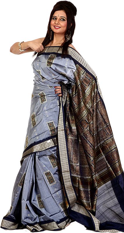 Ashley-Gray Bomkai Sari from Orissa with All-Over Weave and Rudraksha Border