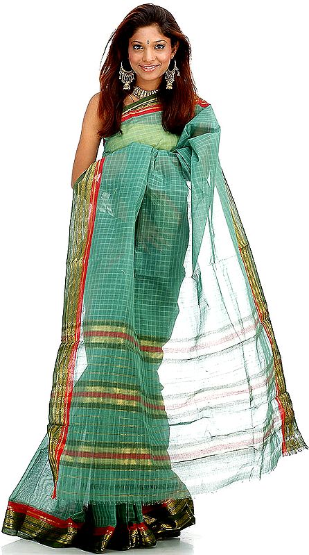 Asparagus Green Narayanpet Cotton Sari with Fine Checks