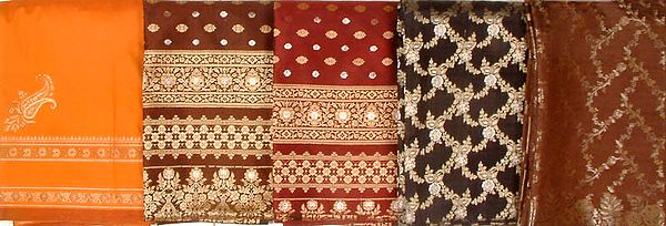 Assorted Lot of Five Banarasi Saris with Jacquard Weave