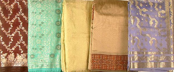 Assorted Lot of Five Banarasi Saris with Jacquard Weave