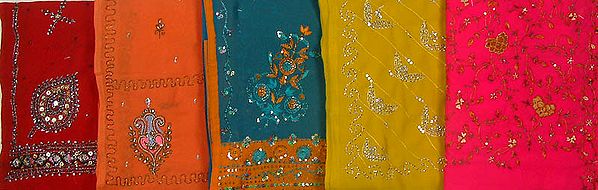 Assorted Lot of Five Saris with Sequins, Beads, and Thread Work