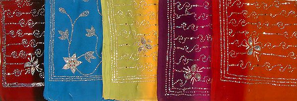 Assorted Lot of Five Saris with Sequins, Beads, and Thread Work