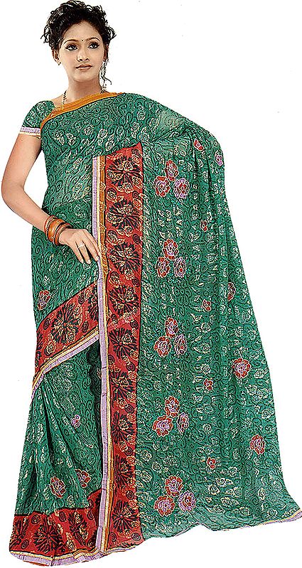 Atlantis-Green Printed Shimmering Sari with Embroidered Flowers
