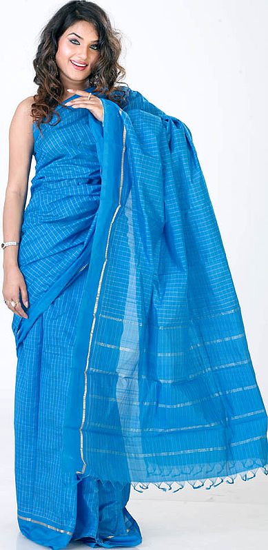 Azure Hand-woven Sari with Golden Checks