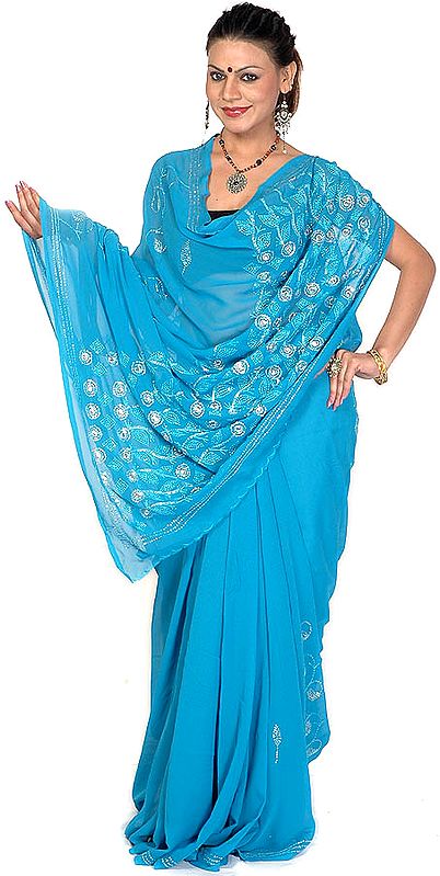 Azure Sari with Beads and Sequins