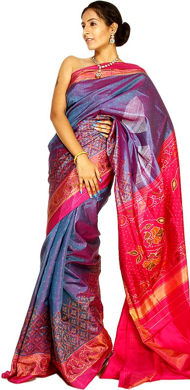 Azure-Blue and Fuchsia Patan Patola Sari from Gujarat with All-Over Woven Bootis and Ikat Weave