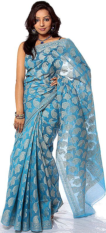 Azure-Blue Banarasi Sari with Paisleys Woven All-Over
