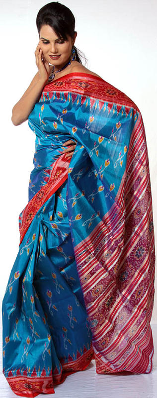 Azure-Blue Ikat Sari Hand-Woven in Pochampally