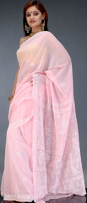 Baby-Pink Lukhnavi Chikan Sari