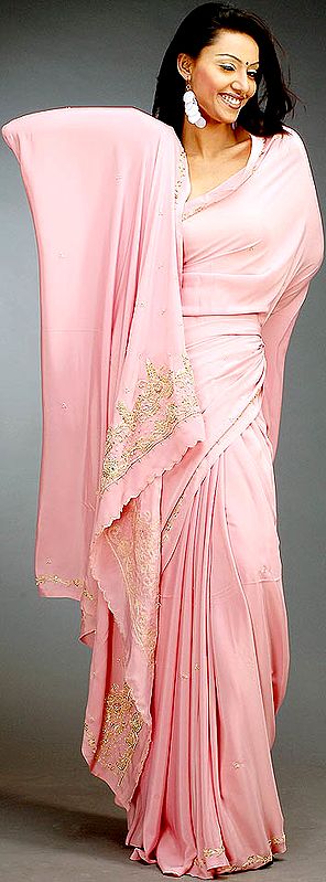 Baby-Pink Sari with Beads and Sequins
