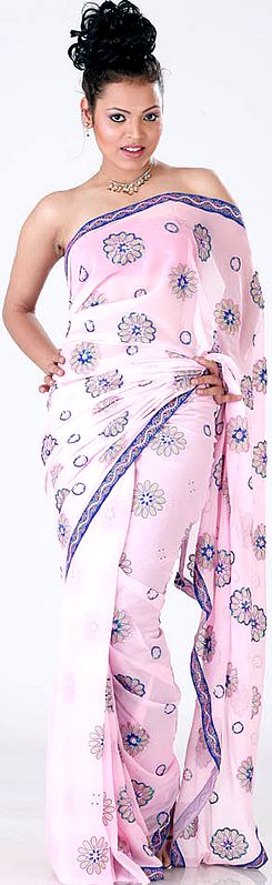 Baby-Pink Sari with Large Flowers All_over
