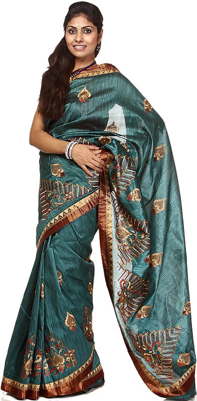 Bayou-Green Banarasi Sari with All-Over Metallic Thread Embroidered Bootis and Patch Border