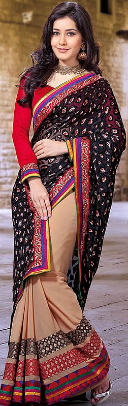 Beige and Black Designer Sari with Satin Weave and Patch Border