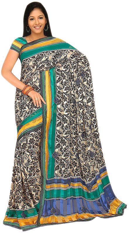 Beige and Black Printed Sari with Embroidered Sequins