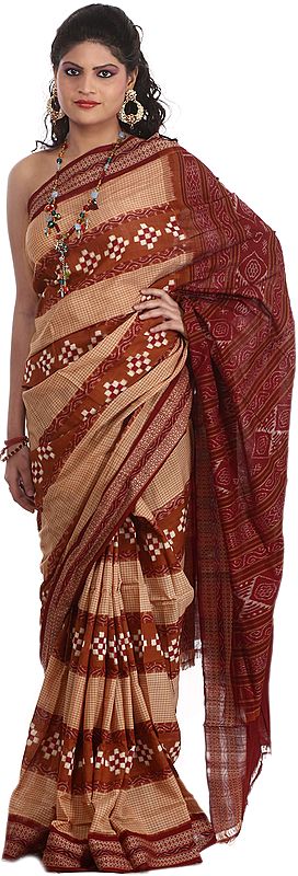 Beige and Brown Sambhalpuri Sari from Orissa with Ikat Woven Checks