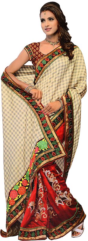 Beige and Burgundy Fusion Sari with Floral Anchal and Patch Border