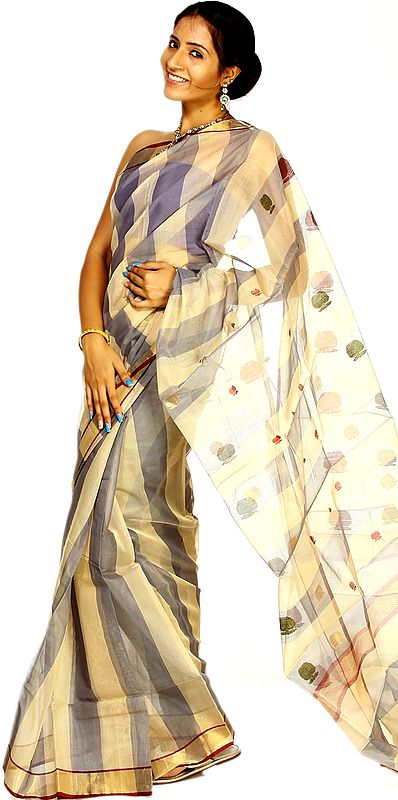 Beige and Gray Chanderi Sari with Woven Bootis and Golden Border