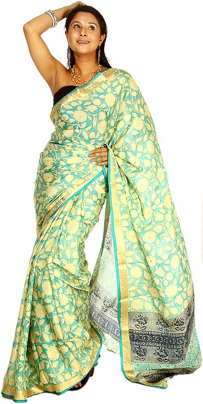 Beige and Green Suryani Printed Sari from Mysore with Mokaish work and Brocade Border