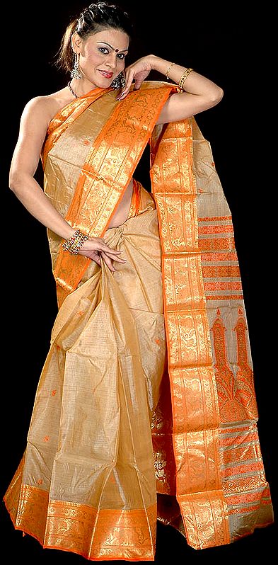 Beige and Orange Sari Hand-Woven in Kolkata