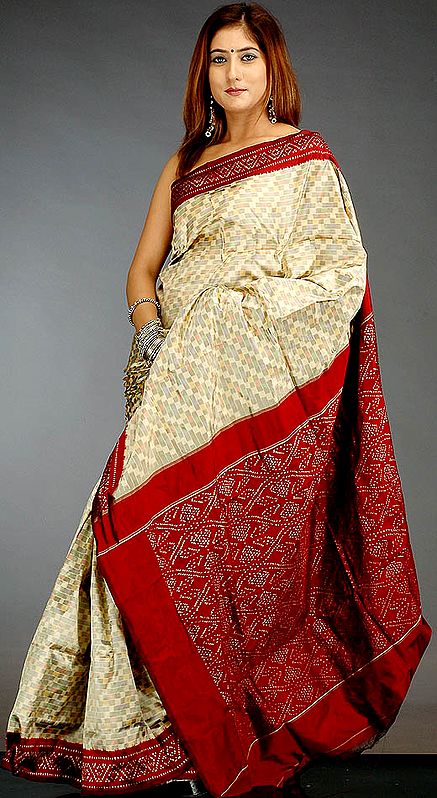 Beige and Rainbow Ikat Sari with Maroon Pallu