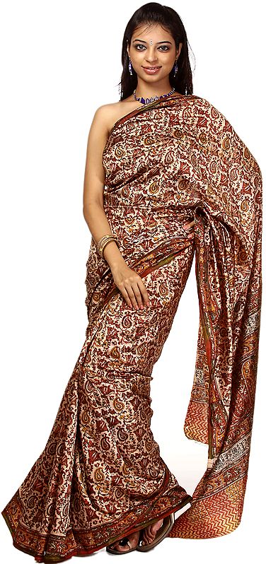 Beige and Red Sari with Printed Paisleys and Flowers All-Over