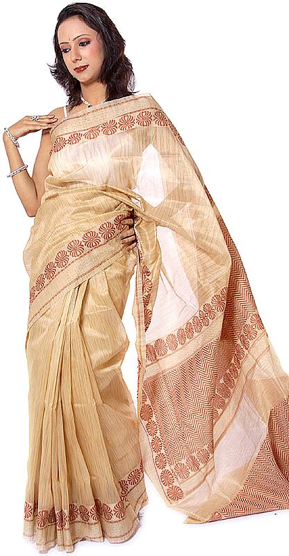 Beige Banarasi Sari with All-Over Weave