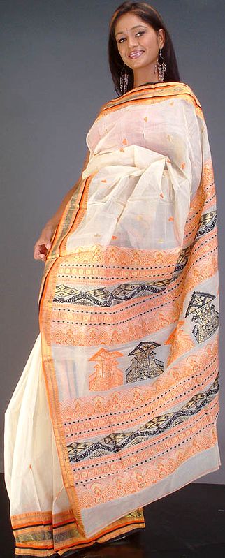 Beige Bengal Cotton Sari with Orange Border and Bootis