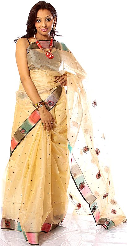 Beige Chanderi Sari with All-Over Bootis and Rainbow Border