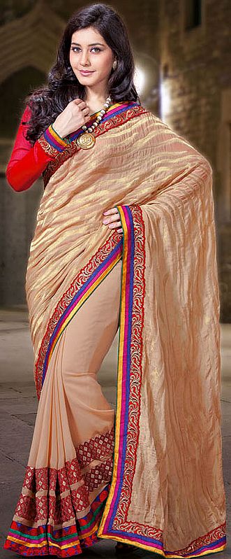 Beige Designer Sari with Golden Thread Weave and Tri-Color Patch Border