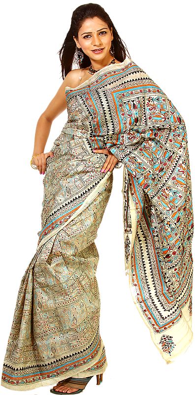 Beige Folk Sari with Kantha Stitched Embroidery By Hand All-Over