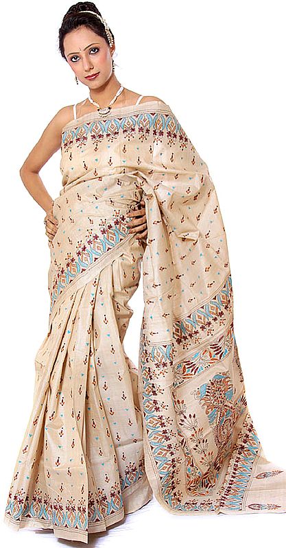 Beige Hand-Embroidered Kantha Sari from Bengal