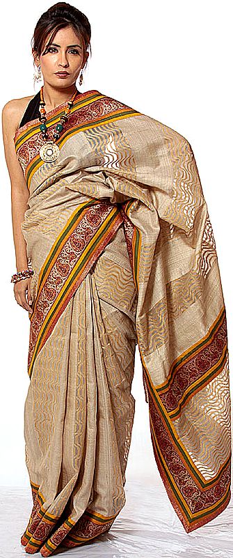 Beige Handwoven Sari from Banaras with Applique Paisley Brocaded Border