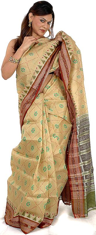 Beige Ikat Sari Hand-Woven in Pochampally