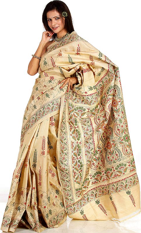 Beige Kantha Sari with Hand-Embroidered Auspicious Motifs