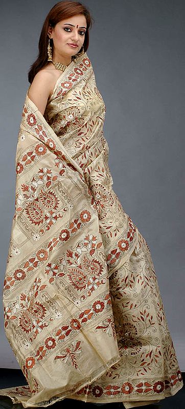 Beige Kantha Stitch Sari on Tussar Silk