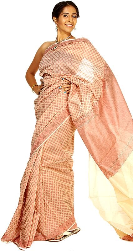 Beige Kora-Cotton Woven Sari from Banaras