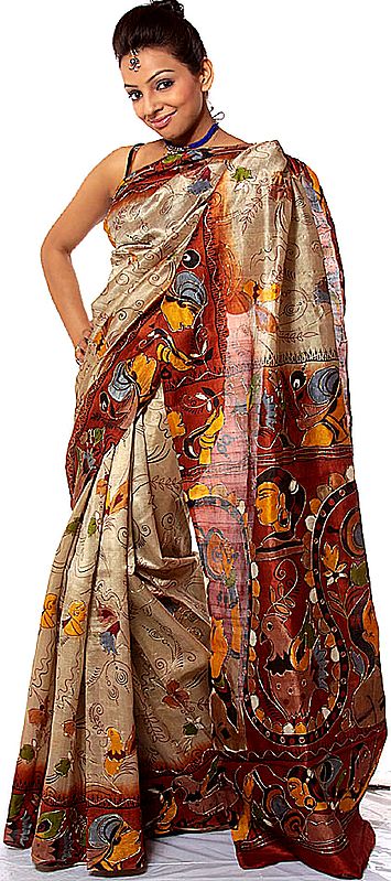 Beige Printed Designer Sari from Kolkata with Sequins and Golden Threadwork
