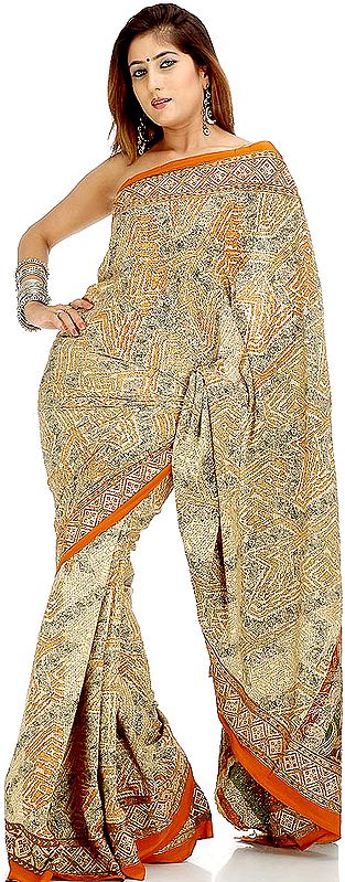 Beige Printed Sari with Beads and Threadwork