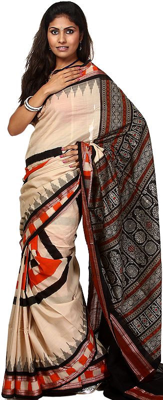 Beige Sambhalpuri Sari from Orissa with Ikat Weave and Rudraksha Border