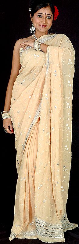 Beige Sari with All-Over Sequins and Threadwork