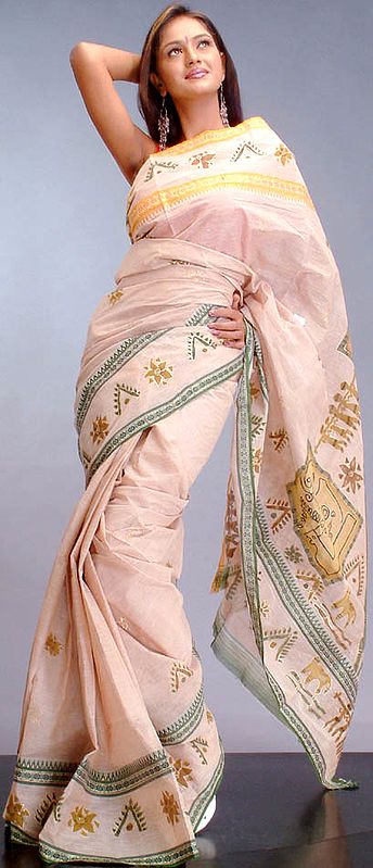 Beige Sari with Hand-Painted Auspicious Motifs