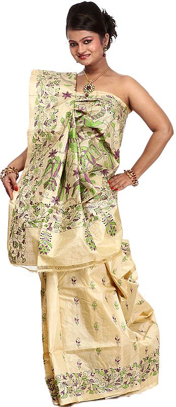 Beige Sari with Kantha stitched Embroidered Birds and Flowers