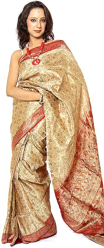 Beige Tanchoi Sari from Banaras with All-Over Woven Flowers