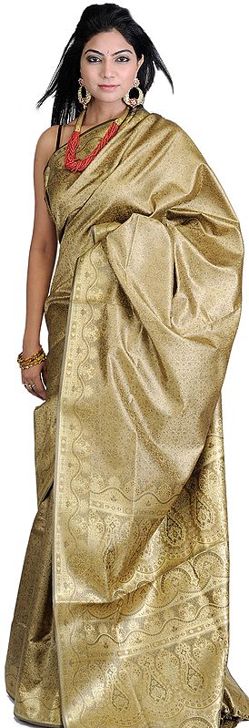 Beige Tanchoi Sari from Banaras with Golden Thread Weave