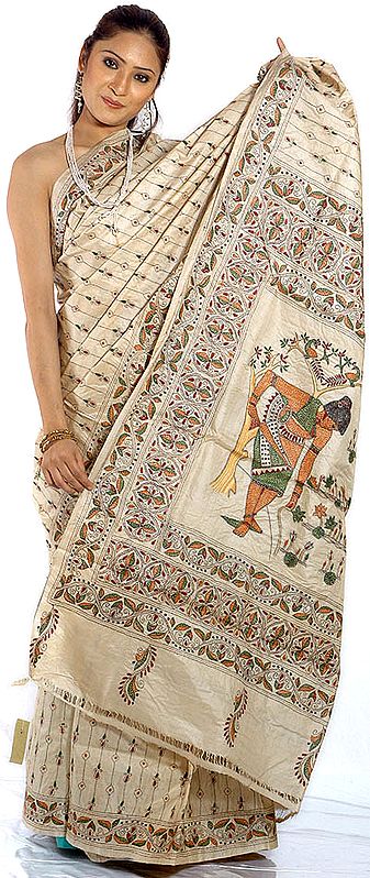 Beige Tussar Silk Sari with Kantha Embroidered Lady on Anchal